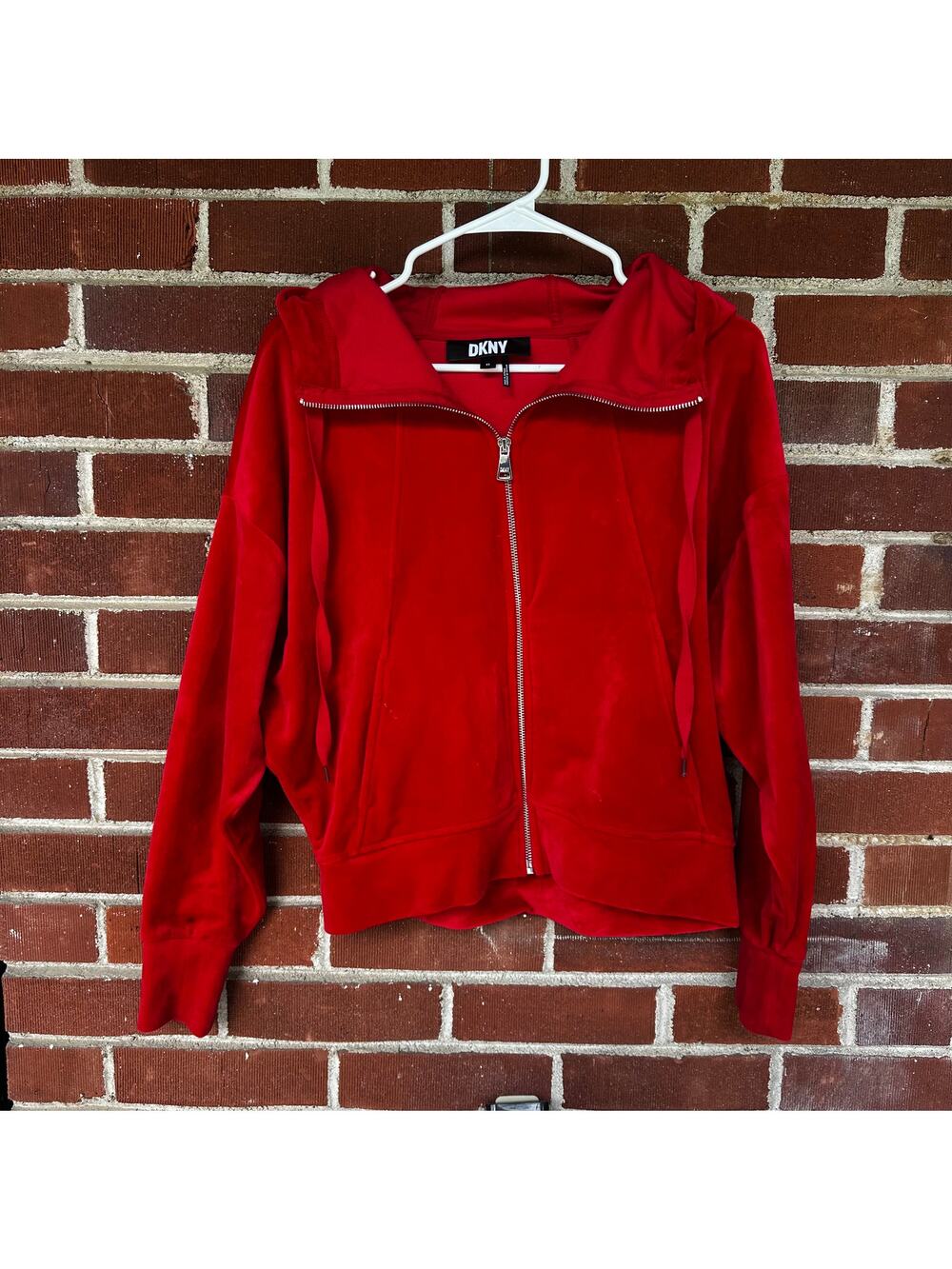 DKNY Red Velour Zip Up Hoodie Y2K Athleisure Lounge Jacket